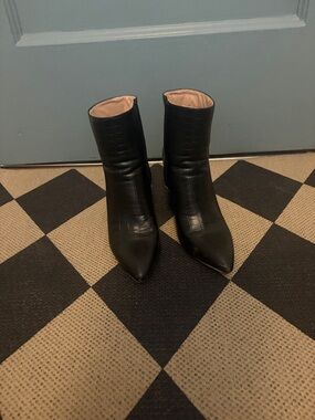 Black Pointed Toe Croc-Embossed Ankle Boots